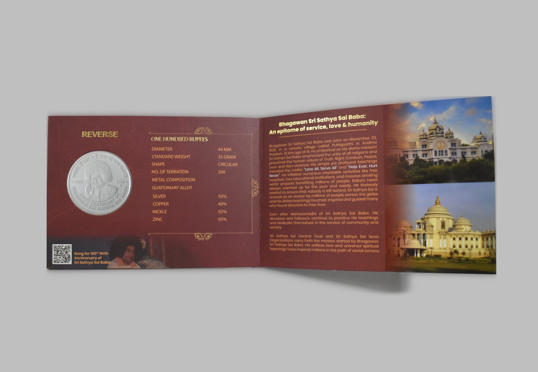 Birth Centenary of Bhagawan Sri Sathya Sai Baba | Rs. 100 UNC Coin | 3-Fold Pack